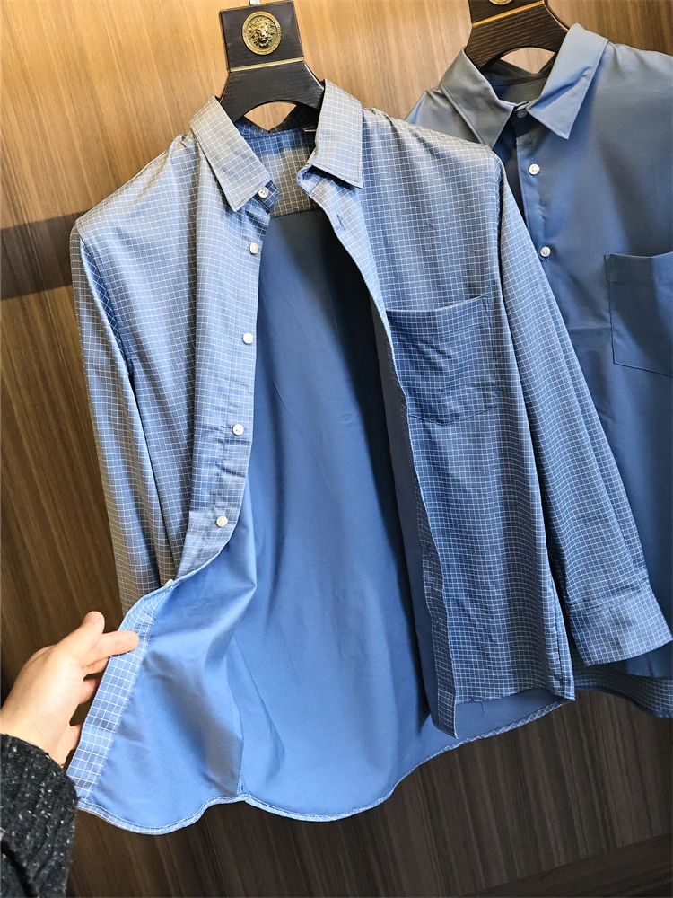 

Silklike Comfortable Long Sve Plaid irt Men's Casual Spring Faion Collared irt Two Colors Soft Luster Thin Model Dai...