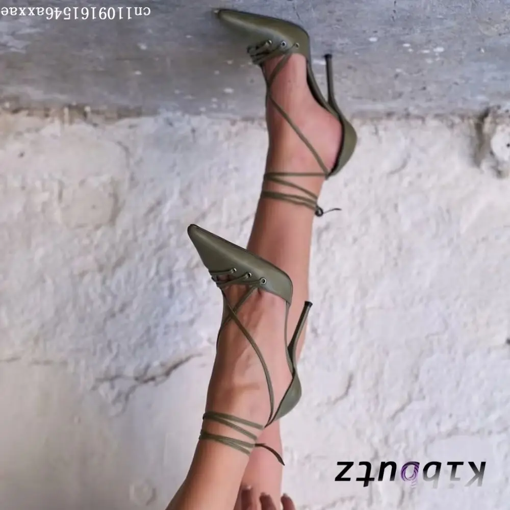 Pointed Toe Lace-Up Ankle Wrap Pumps Women Faux Leather Multi-Strap Stiletto High Heels Ladies Evening Party Runway Dress Shoes