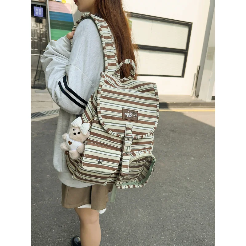 

School bag for female college students, striped drawstring pouch, simple and versatile, casual everyday small backpack, tutoring