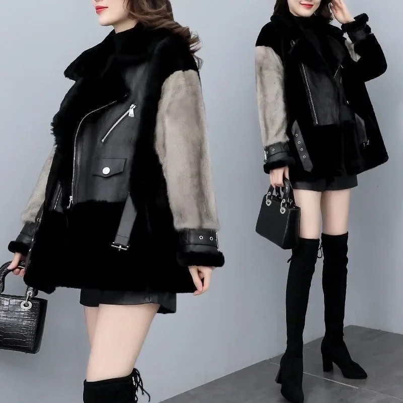 女性用高級感と高外観レベルのファッション、新作秋冬ファー付きワンコート、スプライシングロコモティブフェイクファーコートジャケット