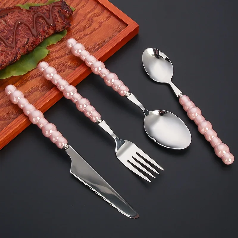 INS Ceramic Hle Cutlery Set 304 Stainless Steel Household Steak Knife Dessert Fork Dinnerware  Eating Utensils