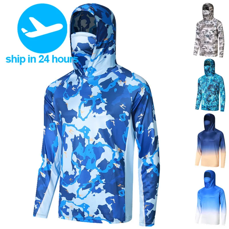 Fishing Shirts  Men's Hooded Face Cover Fishing Clothes Summer Long Sleeve Sun Protection Camouflage Fishing T-Shirts