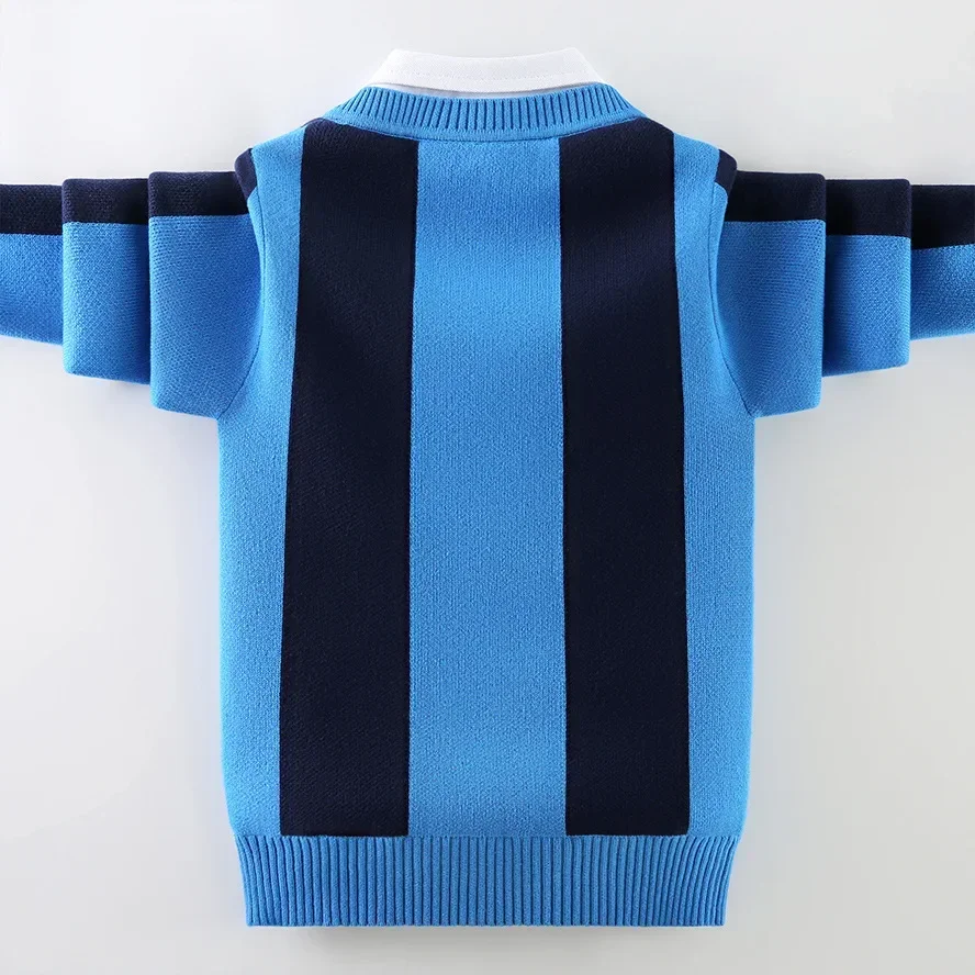 Boys Winter Sweaters 2022 New Kids Shirt-Collar Pure Cotton Striped Knitwear Children's Thicken Warm Pullovers Can Match Velvet