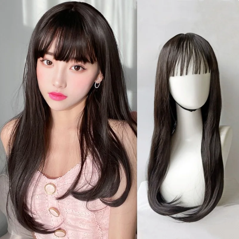 

European and American women's wigs, full head synthetic long hair, slightly curly black straight wig for daily wear