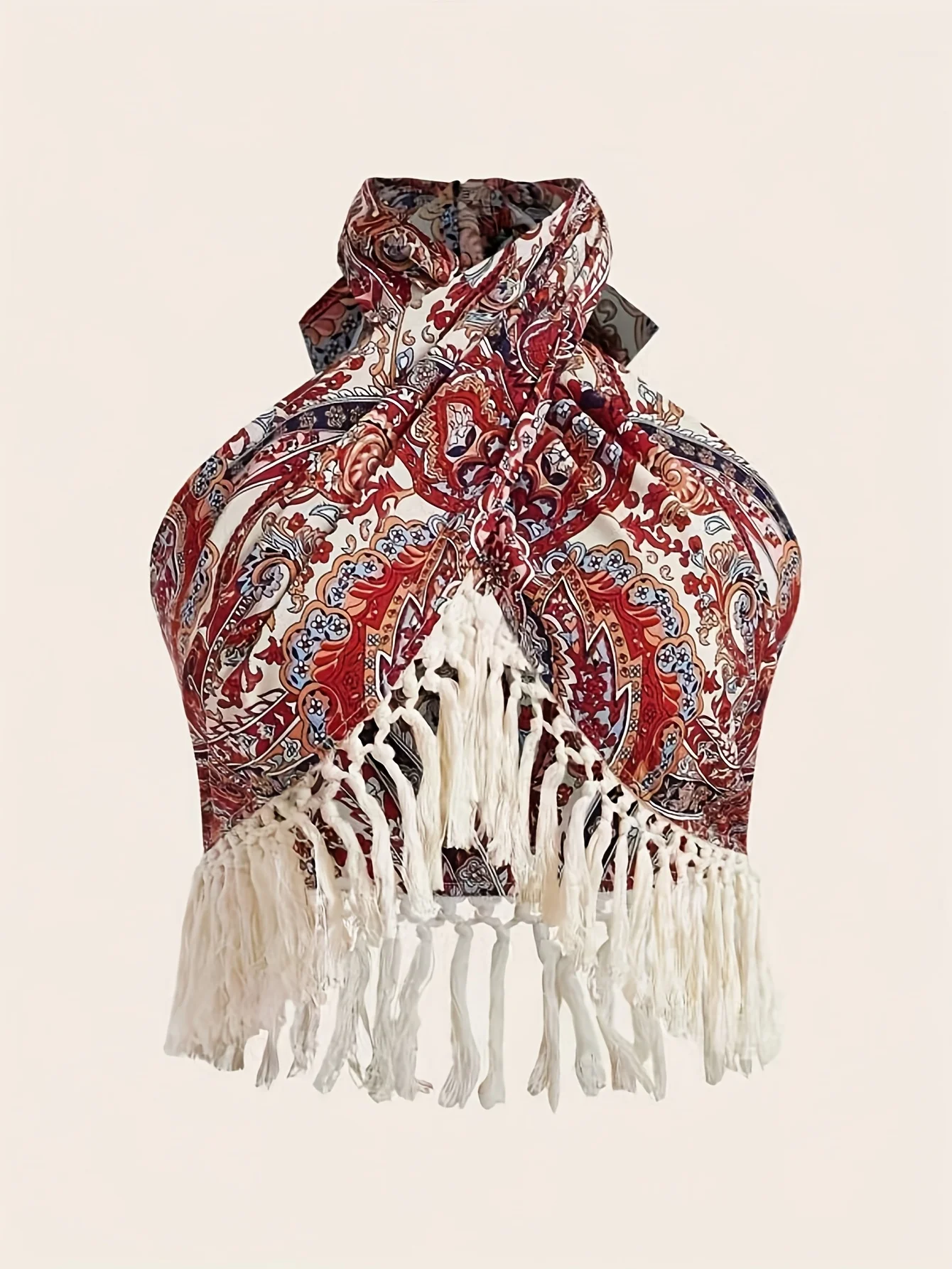 Paisley Print Fringed Edge Butterfly Knot Tie Back Hanging Neck Top Women's Bohemian Style off Shoulder Casual Fashion