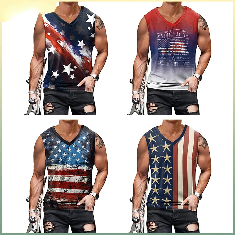 Men Independence Day Tank Top Flag Print Vest Male Fashion Summer Streetwear Sleeveless Sport Shirt V-neck Casual Clothes S-2xl