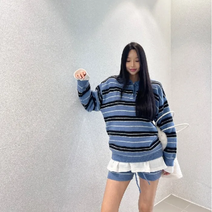 

Утягивающий винтажный полосатый трикотаж и комплект для женщин, модный осенне-зимний наряд, корейская уличная одежда стандартной посадки