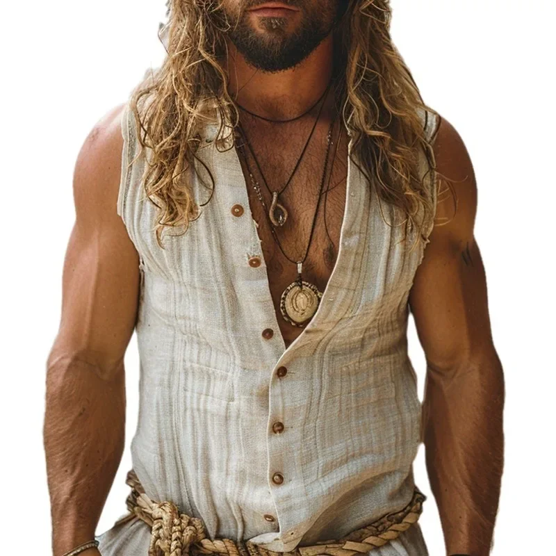 Summer New Beach V-neck Mature Men's Tank Tops Temperament Versatile Sleeveless Vest Solid Color Top for Men image 3