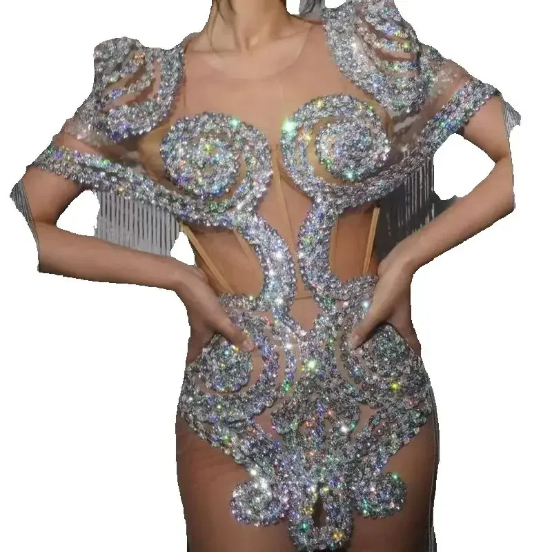 Diamond Feestjurk Vrouwen Zanger Lange Omzoomd Jazz Kleding Bar Dj Gogo Kostuum Stadium Festival Outfit Clubwear