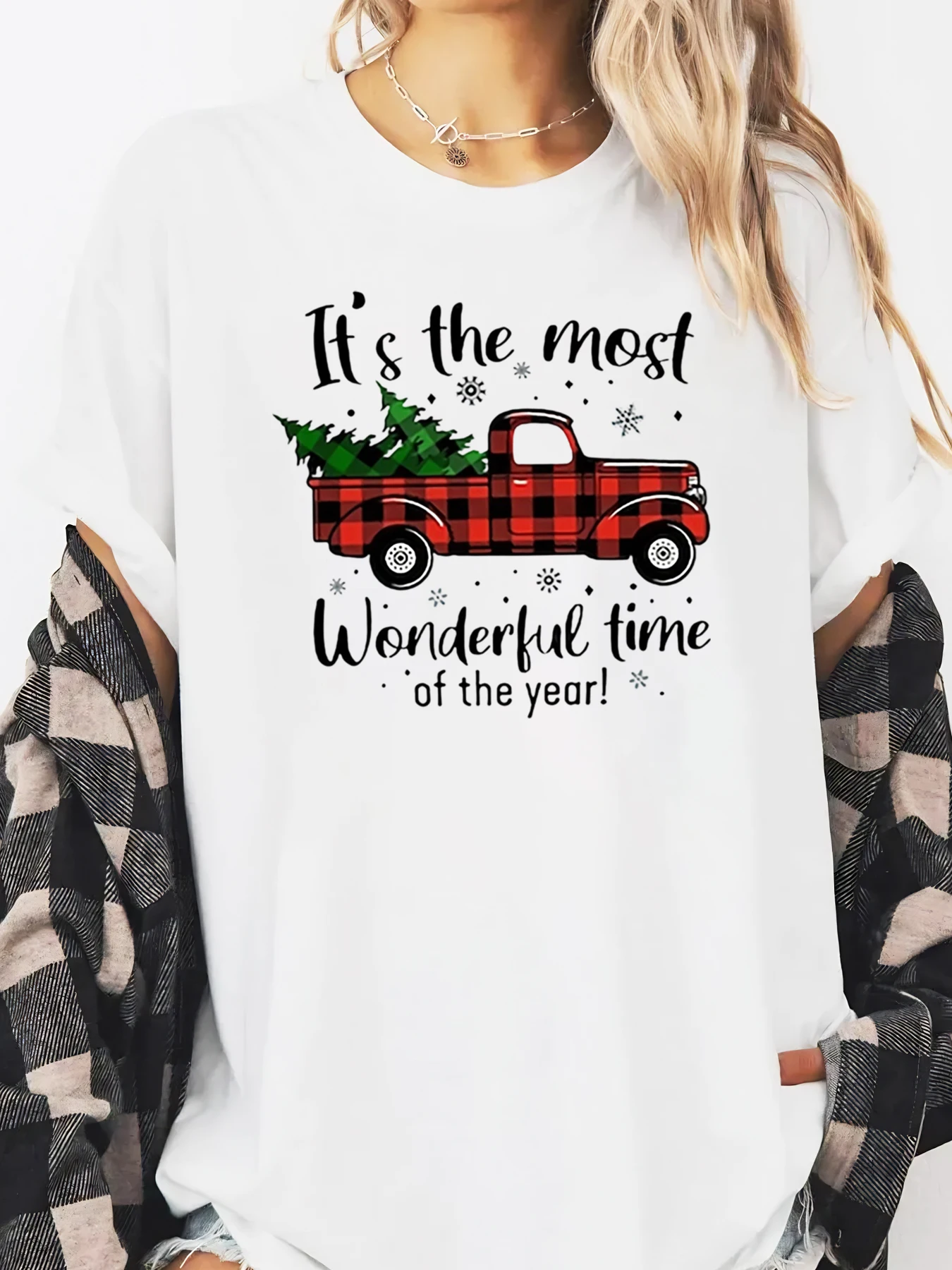 

Рождественская елка с принтом грузовика «Это чудесное время года» Рождественская футболка женская повседневная праздничная одежда белого цвета больших размеров
