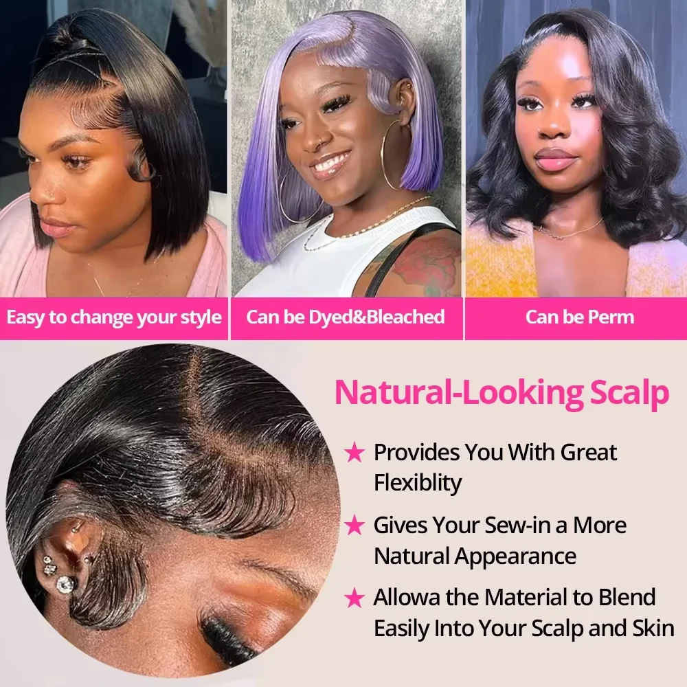 250% الكثافة غلويليس العظام مستقيم 13x6 قصيرة بوب نصف الدانتيل شعر مستعار أمامي HD أمامي مضفر أسود 100% خصلات الشعر المستعار الإنسان #5