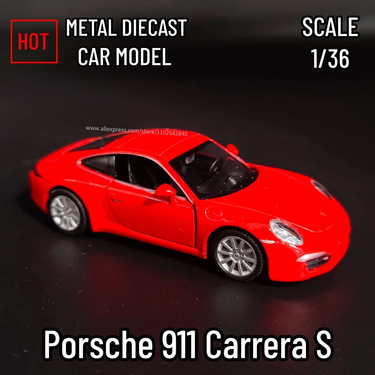 1/36 Porsche 911 Carrera S Car Model Replica, Scale Metal Miniature Art Vehicle Interior Decor Diecast Xmas Gift Kid Boy Toy