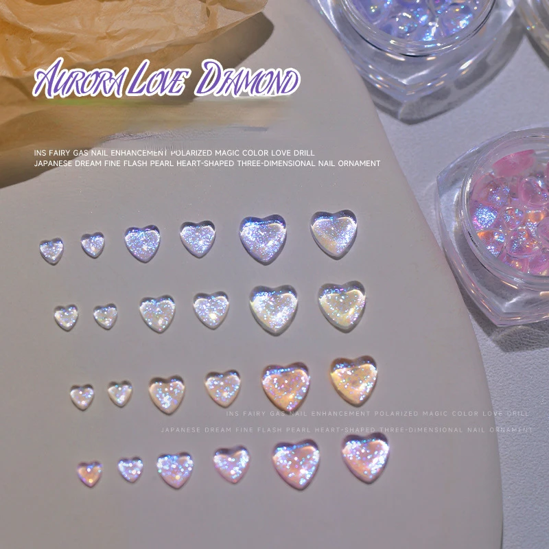 30/40Pcs Aurora Love Heart Nail Art 1 Bottle Girl Relief Sticker 3D Shiny Rhinestones Flat-Bottom Mixed Mnaicure Crystal &*&