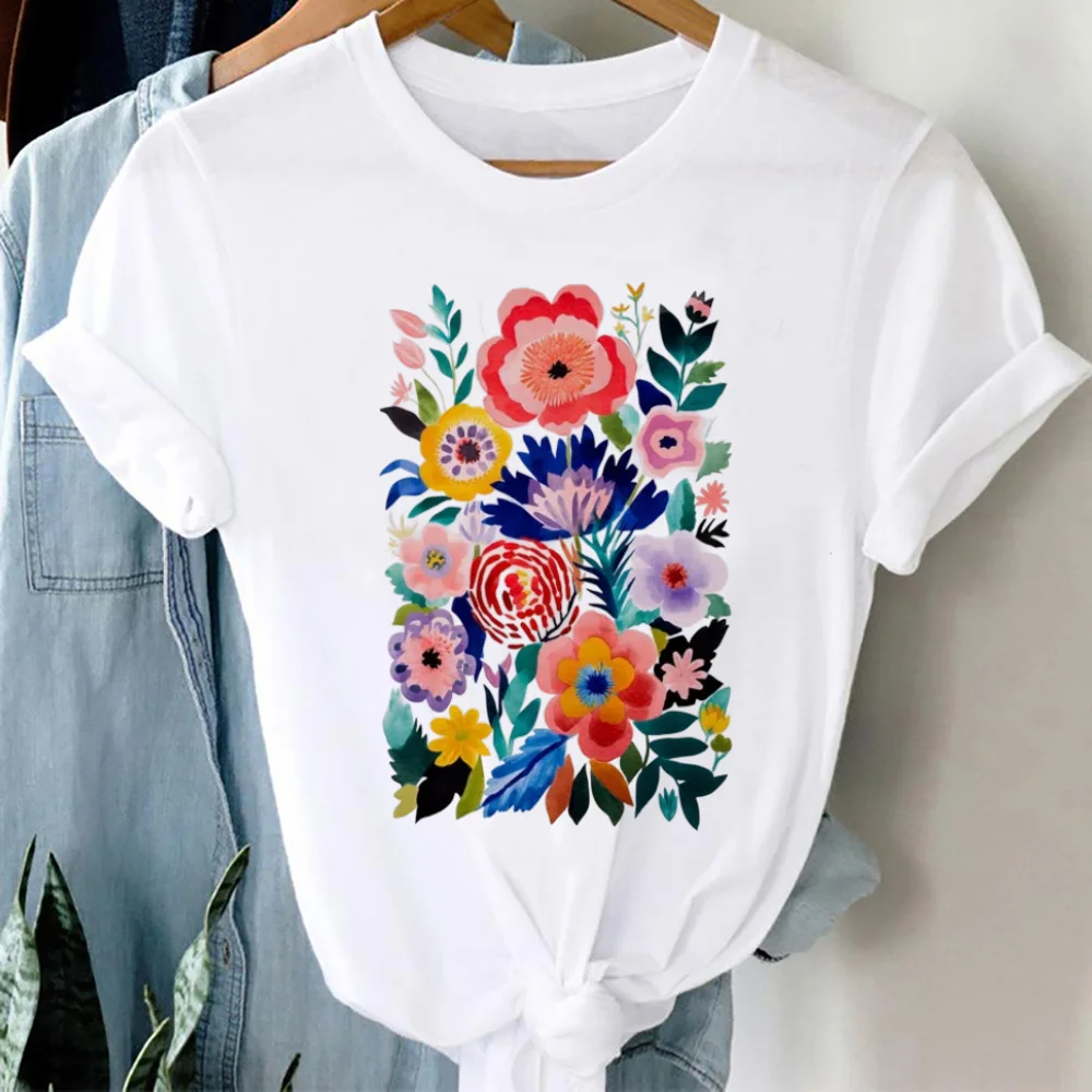 T-Shirt Short Sleeved Printed Fashionable O-Neck Cute Flower 90s Casual Top Women's Clothing Harajuku Cartoon Pattern T-Shirt