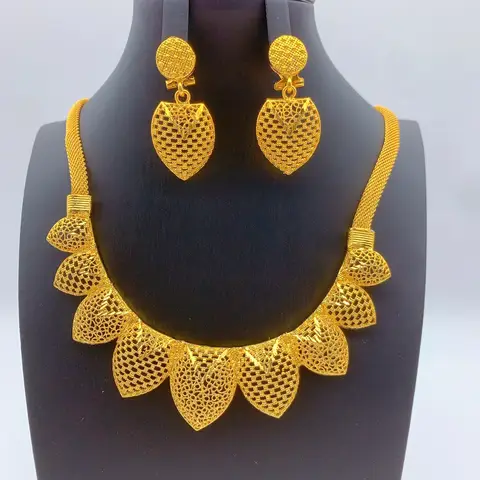 Dubai Jewelry Sets for Women Heart Pendant Necklaces Earrings Two Pieces Set 24K Gold Color Eritrean Wedding Party Gifts