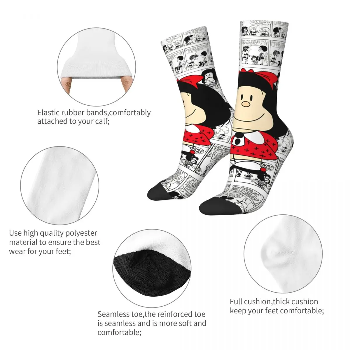 Divertente calzino felice per uomo ICONIC Hip Hop Mafalda Cartoon Quality Pattern stampato Crew Sock novità regalo