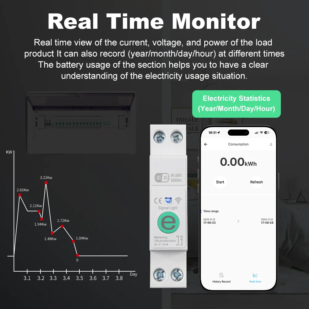 Ewelink 1P+N 16A WIFI Smart Circuit Breaker MCB Timer Relay Switch Energy Meter kWh Voltage Current Protector Remote Control image 5