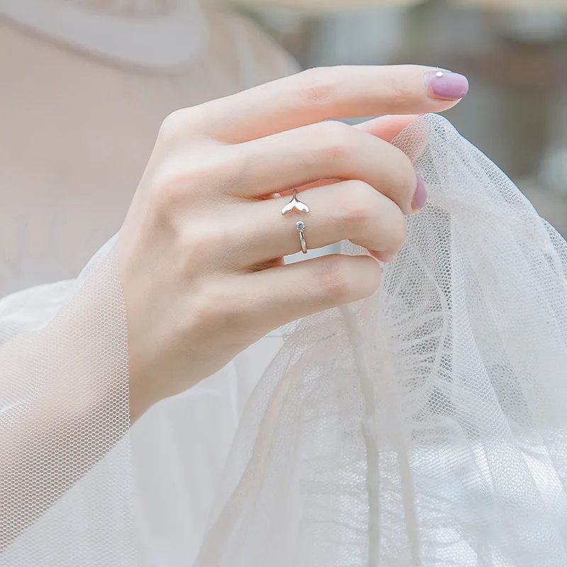 خاتم فضة استرليني عيار 925 لطيف على شكل ذيل السمكة، خاتم رائع من الزركون، النسخة الكورية، هدية عصرية للفتيات، خاتم أنيق للنساء