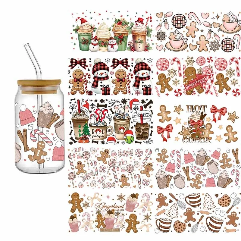 3D UV DTF Gingerbread Man Wraps Cup 16oz Glass Cup Waterproof Durable Tranfer Sticker High Quality Decals DIY Christmas