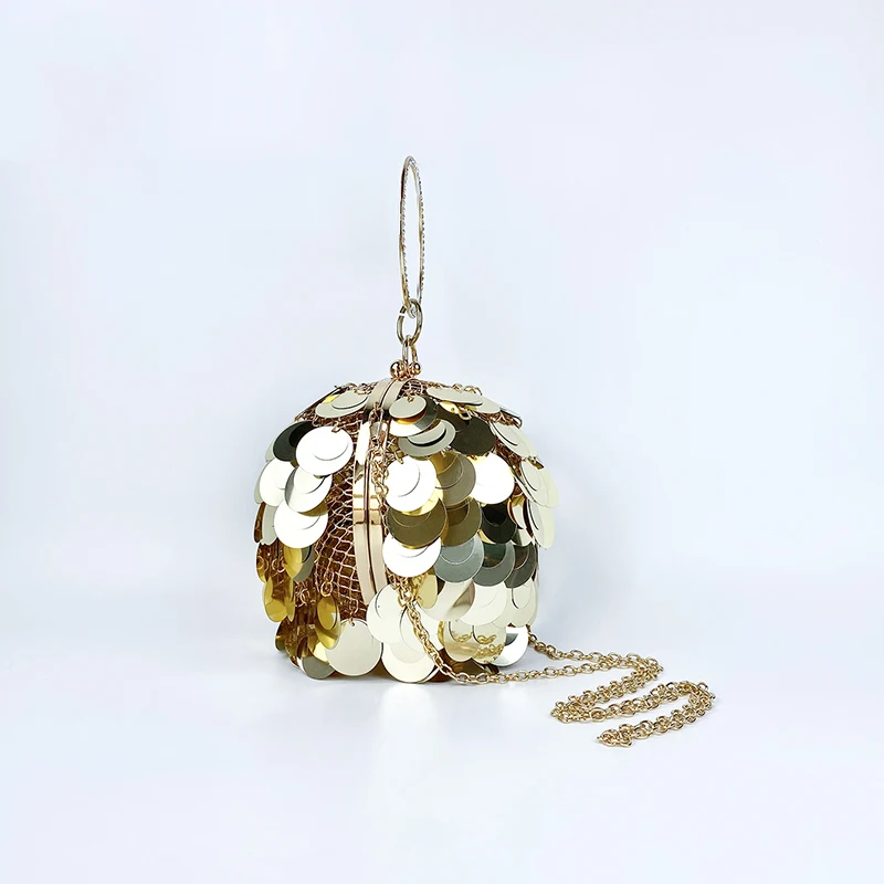 Unique design of niche, three-dimensional spherical metal handmade sequin banquet bracelet, circular bag