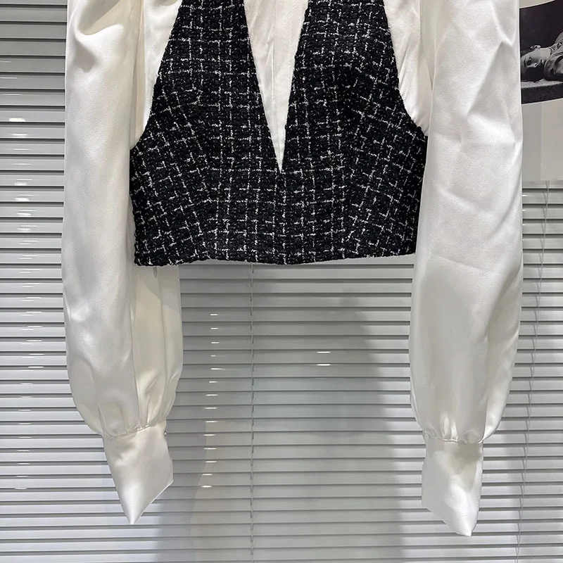 DEAT 2025 خريف جديد أنيق تويد سترة المرقعة وهمية قطعتين قميص للنساء الدانتيل حافة السراويل الإناث العصرية 11A06517