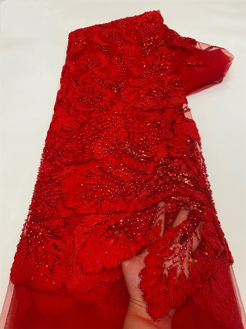 

2025 High Quality African Lace Fabric French 3D Flower Sequins Embroidery Beads Tulle Lace Fabric For Evening Dresses
