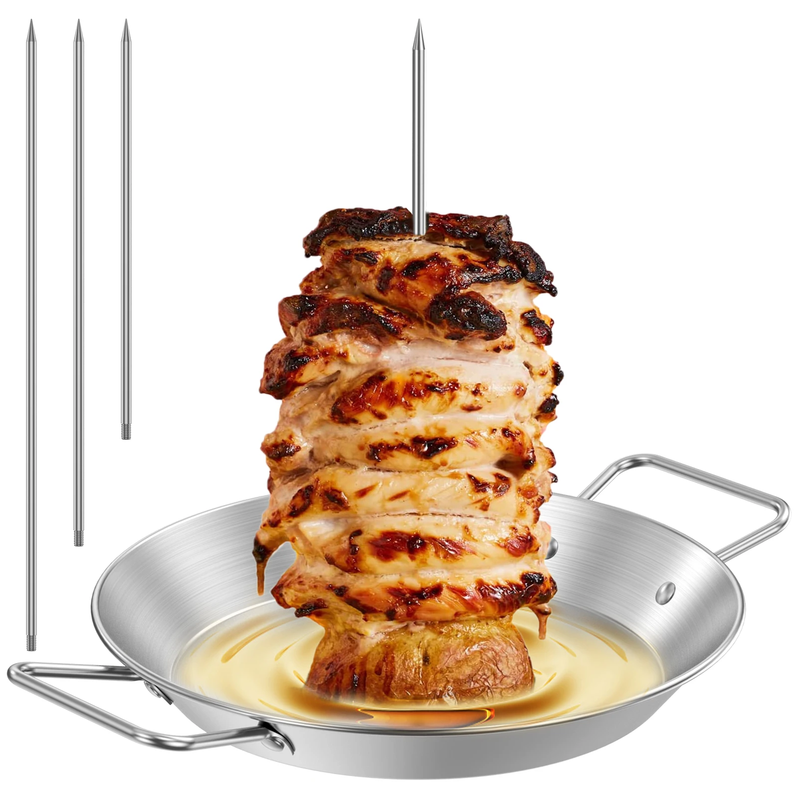 

Stainless Steel Vertical Skewer BBQ Heavy Duty Stand Up Barbecue Skewers Roasting Drip Pan Chicken Roaster Rack Outdoor Garden