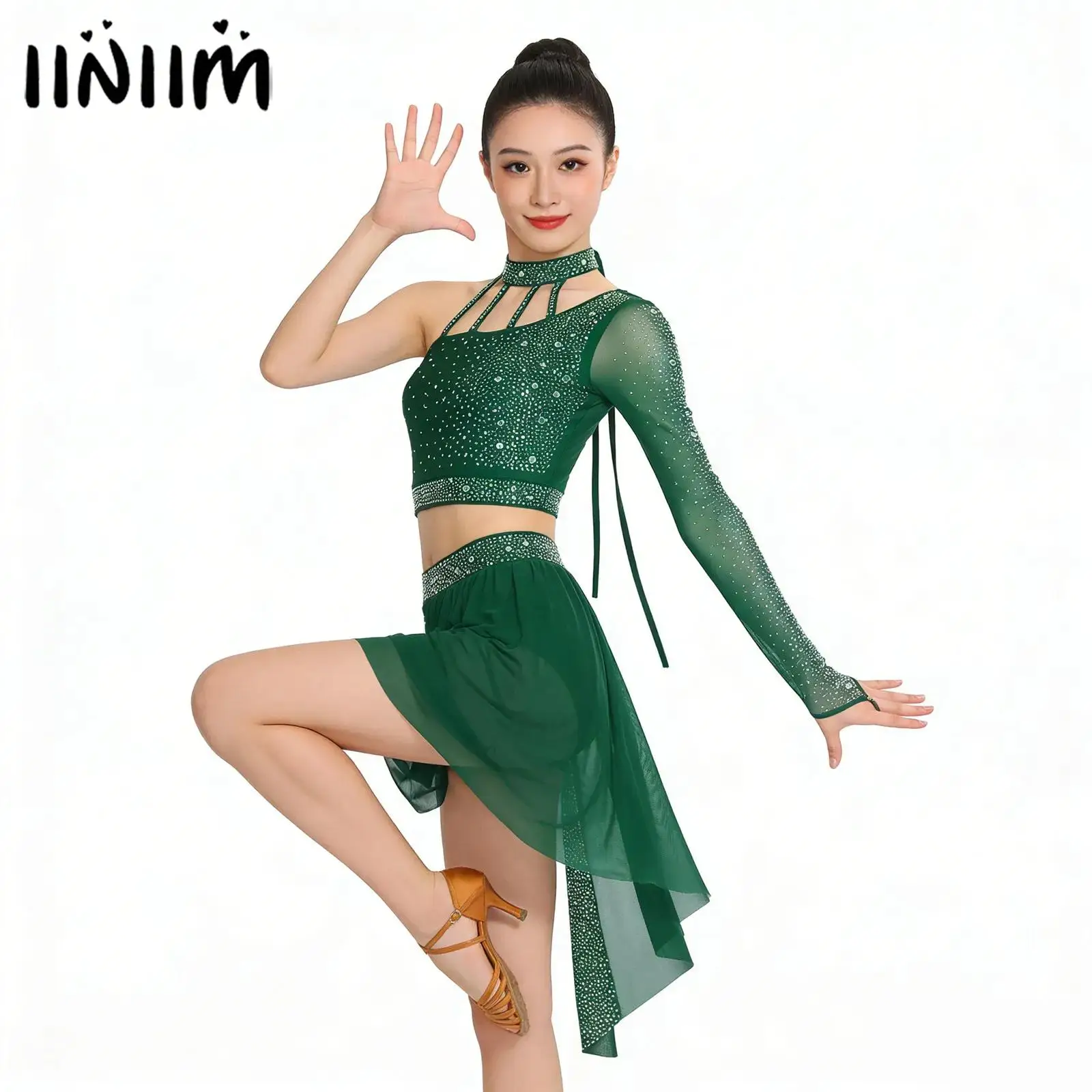 

Womens Rhinestone Latin Ballet Lyrical Dance Outfits Performance Costume Latin Dancewear Halter Stappy Back Crop Top And Shorts