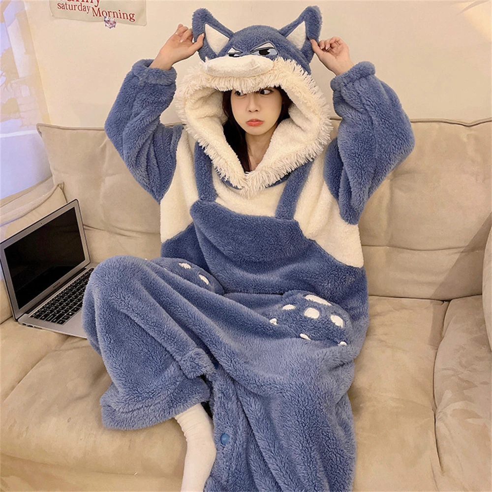 Coral Fleece Cartoon Wolf Jumpsuit Pajamas Women Winter Thick Warm Hooded Cute Loose Homewear Sleepwear Cosplay Onesies Kigurumi