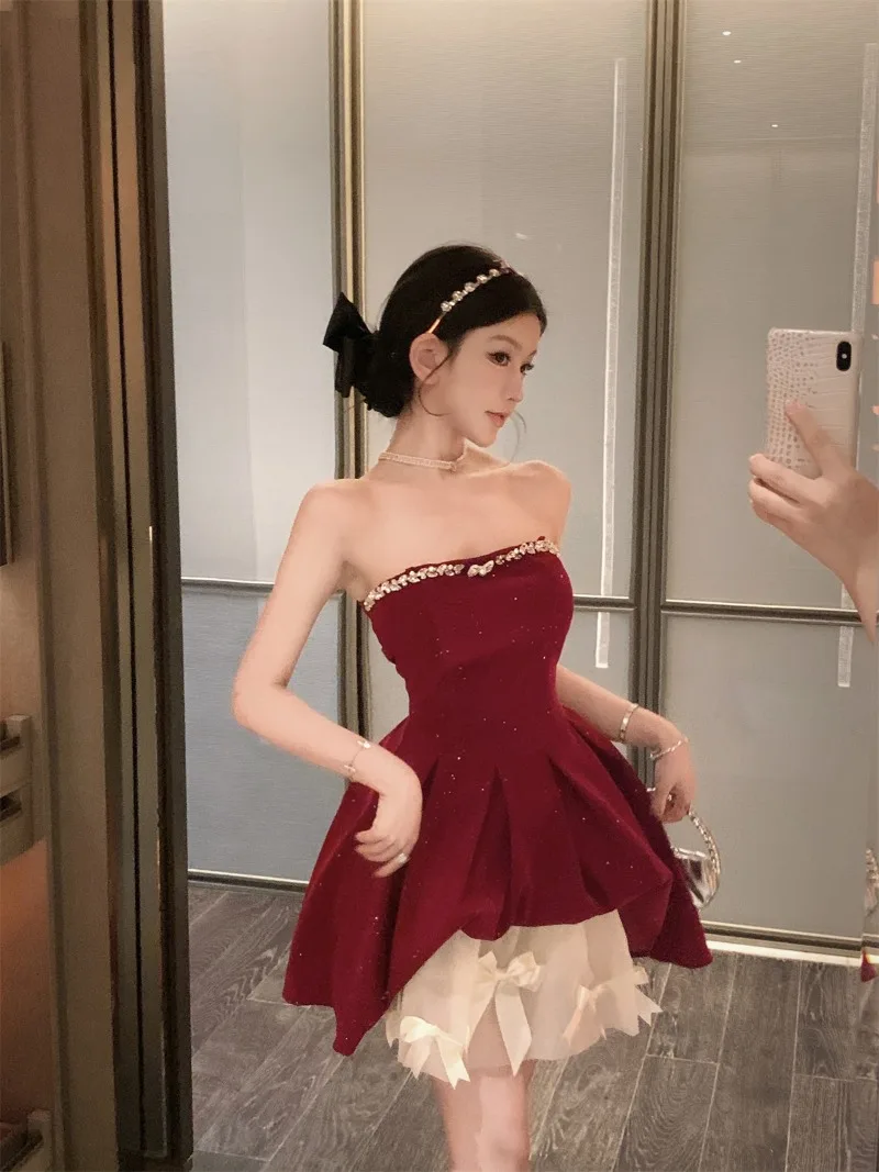 Retro Diamond Velvet Short Strapless Dress Women's Clothes A-line Slim Elegant Party Dress Bow Mesh Skirt Fashion Female Clothes