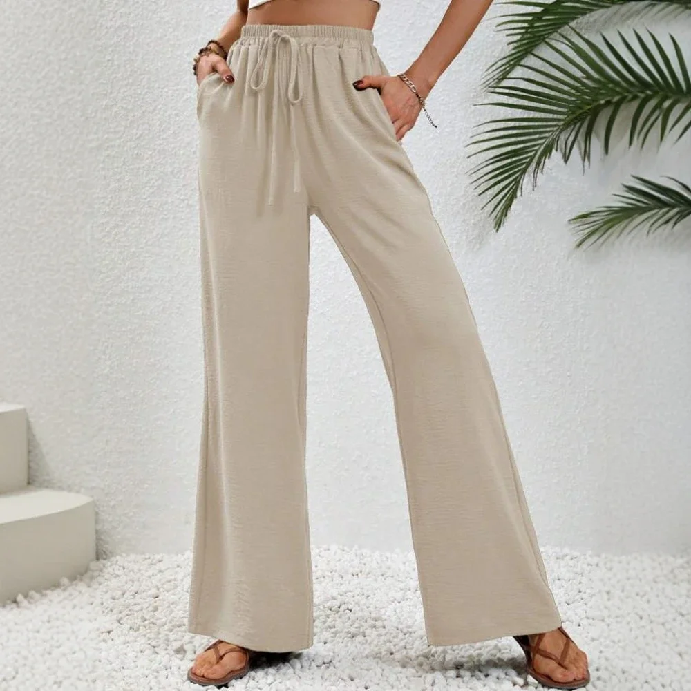 السراويل النسائية الصيف K-Fashion عارضة الدانتيل متابعة كامل طول عالية الخصر مرونة الخصر واسعة الساق السراويل الأساسية اليومية #1