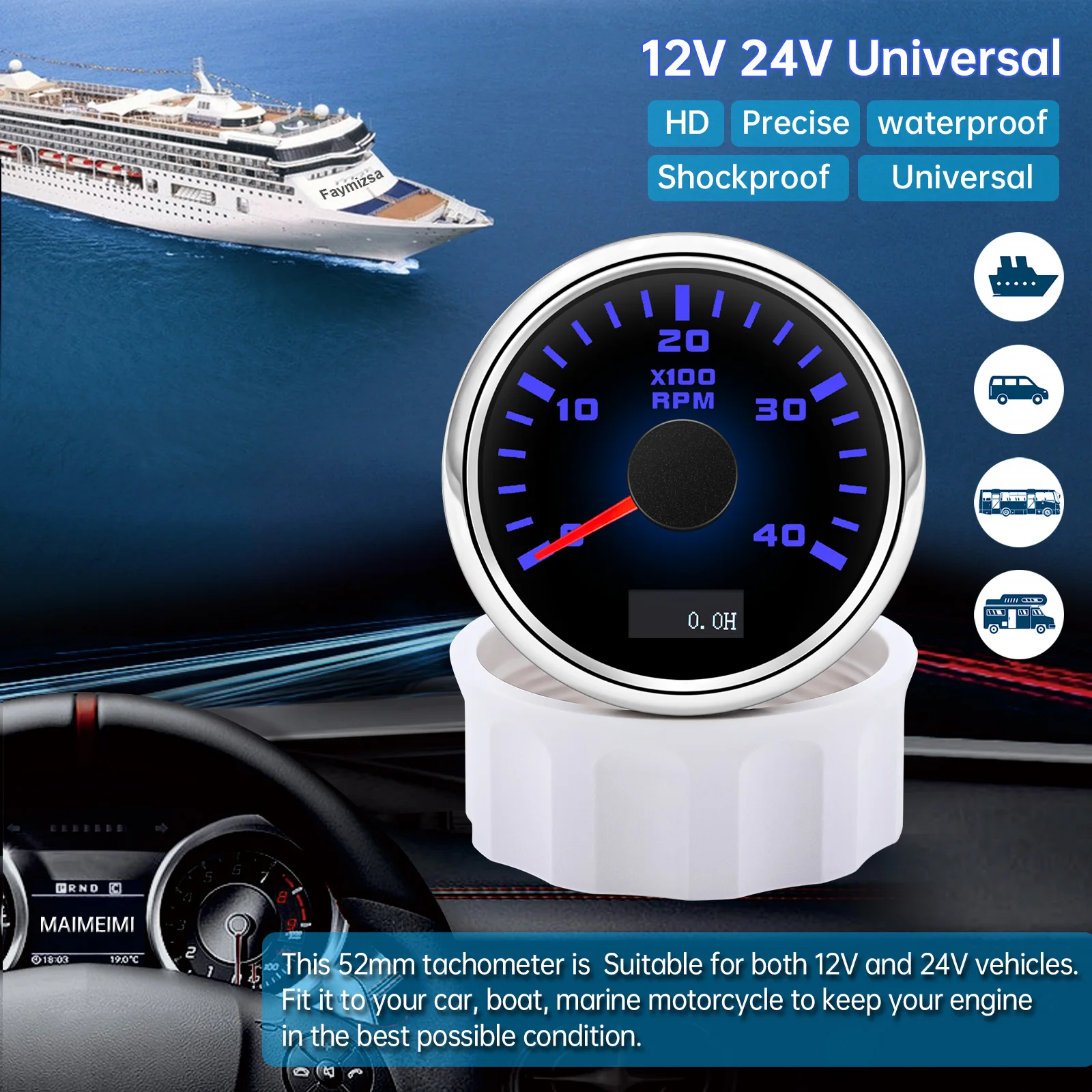 3000/4000/6000/7000/8000 RPM 52mm Tachometer 7 Color LED Tacho Gauge for Car Boat Yacht Marine Tachometer Waterproof DC12V24V