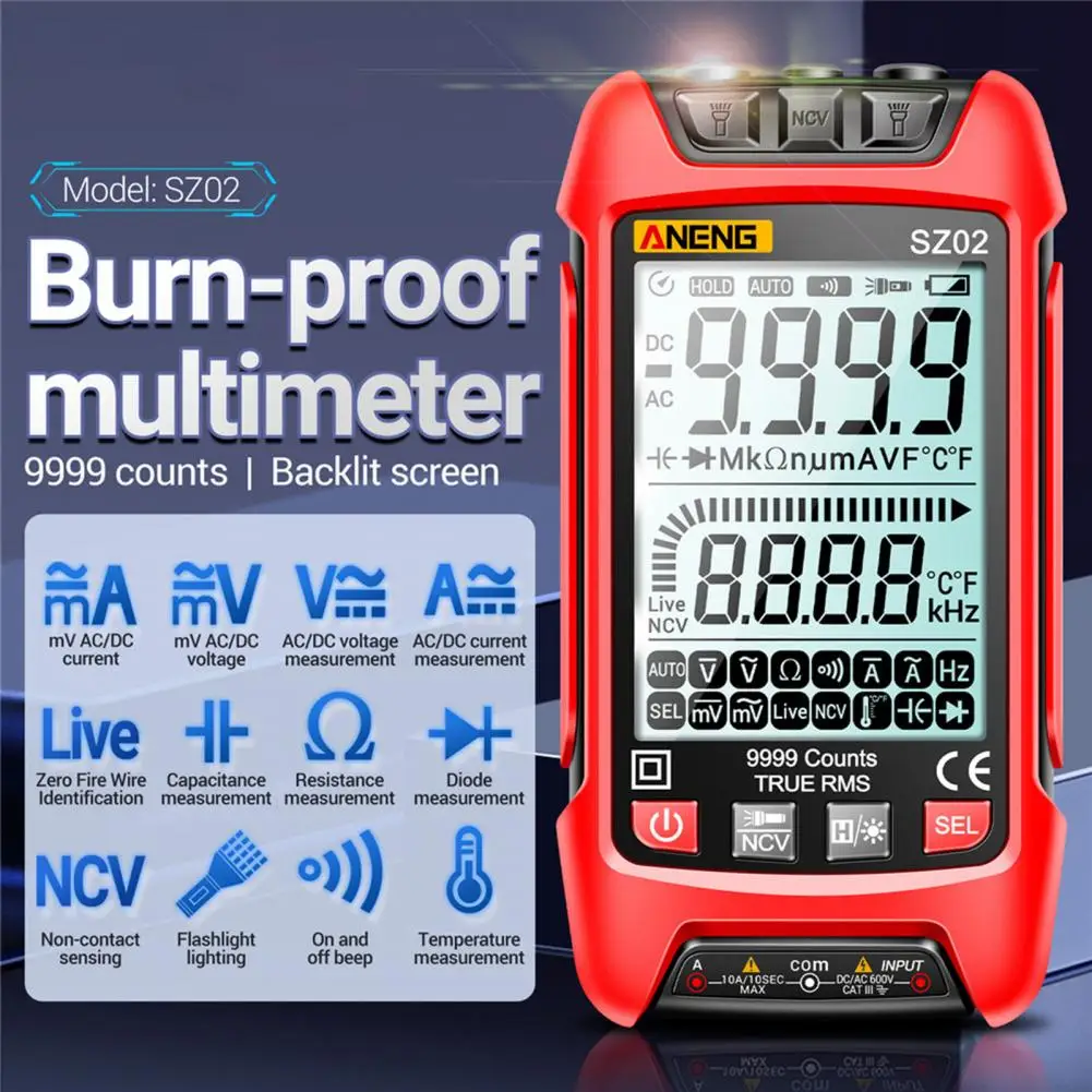 SZ02 Auto Digital Multimeter Intelligent Anti-burning 9999 Counts Universal Meter Electrician Maintenance Instrument Transistor