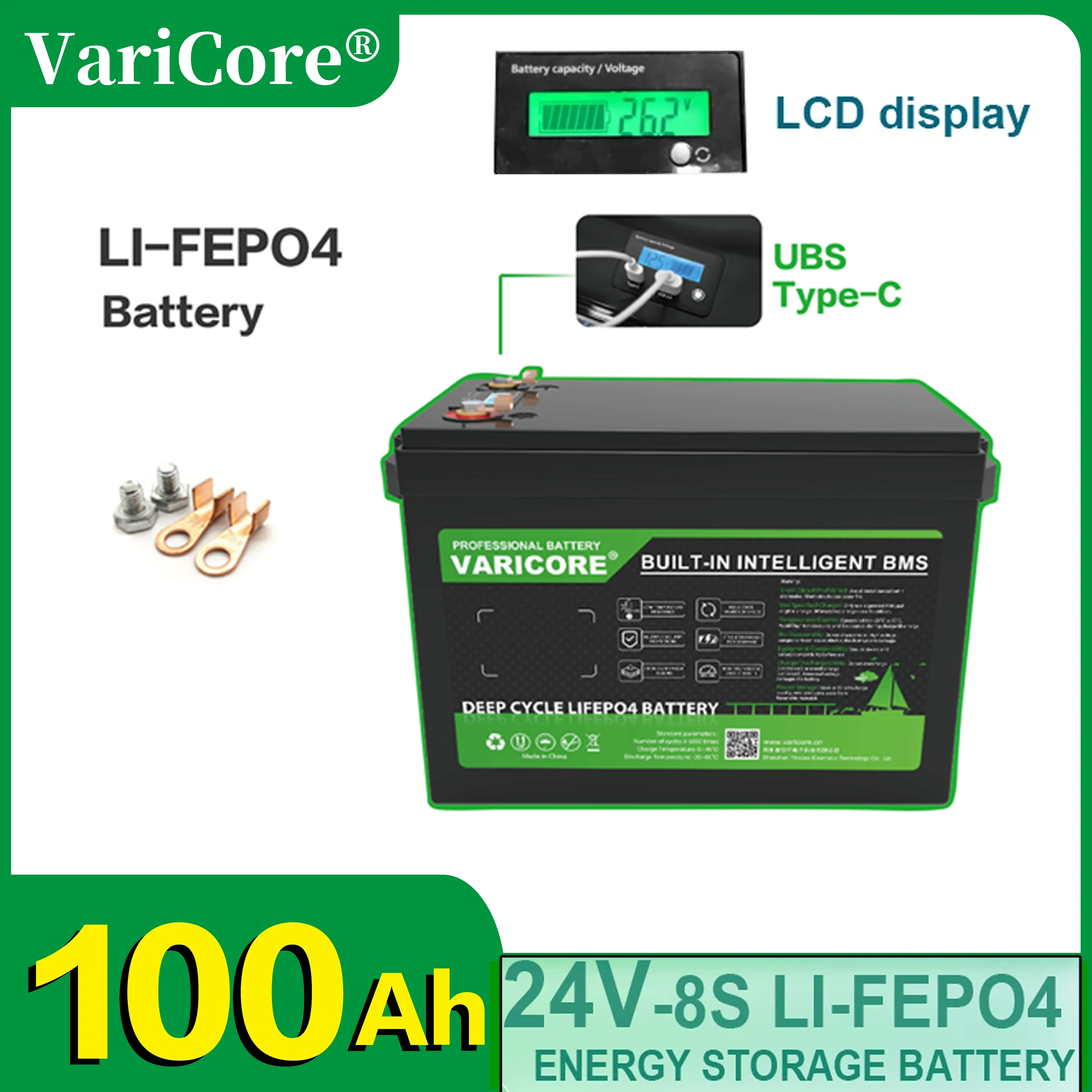 VariCore 24V 32Ah 60A 100A 8s LiFePO4 Batteria USB 3.0 Tipo-C Uscita per RV Golf cart Accendino per auto Batteria di accumulo di energia 29.2V 5A