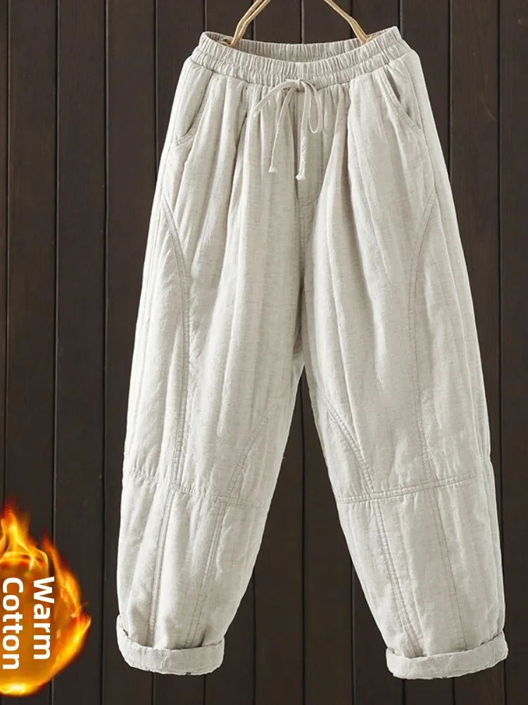 レトロな綿麻ハーランパンツ女性の冬暖かい Dstring 弾性ウエストスリムフィットパンツアウターウェア