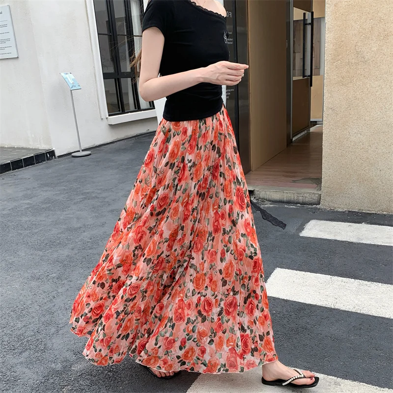 

Elegant Rose Print Chiffon Pleated Half Skirt Women's High Waist Slimming Hip Covering A-Line Umbrella Long Skirt