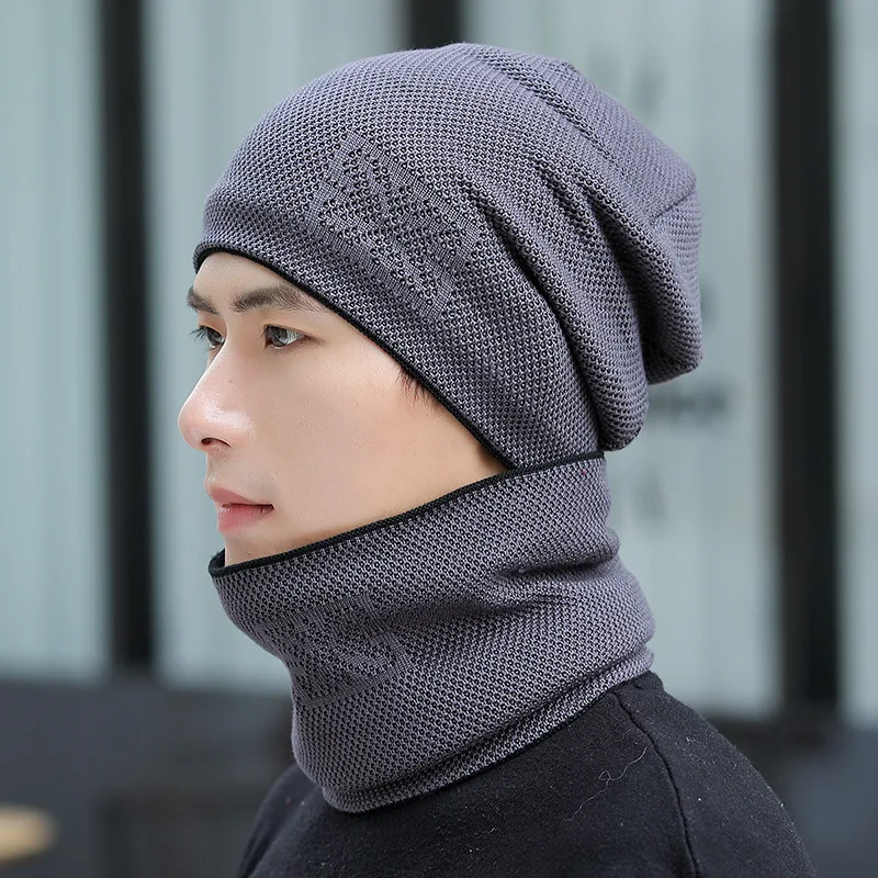 Fashion Autumn and Winter New Men's Hats Scarf Kit Hats Jacquard Solid Color Versatile Velvet Knitted Stacking Hats Tide
