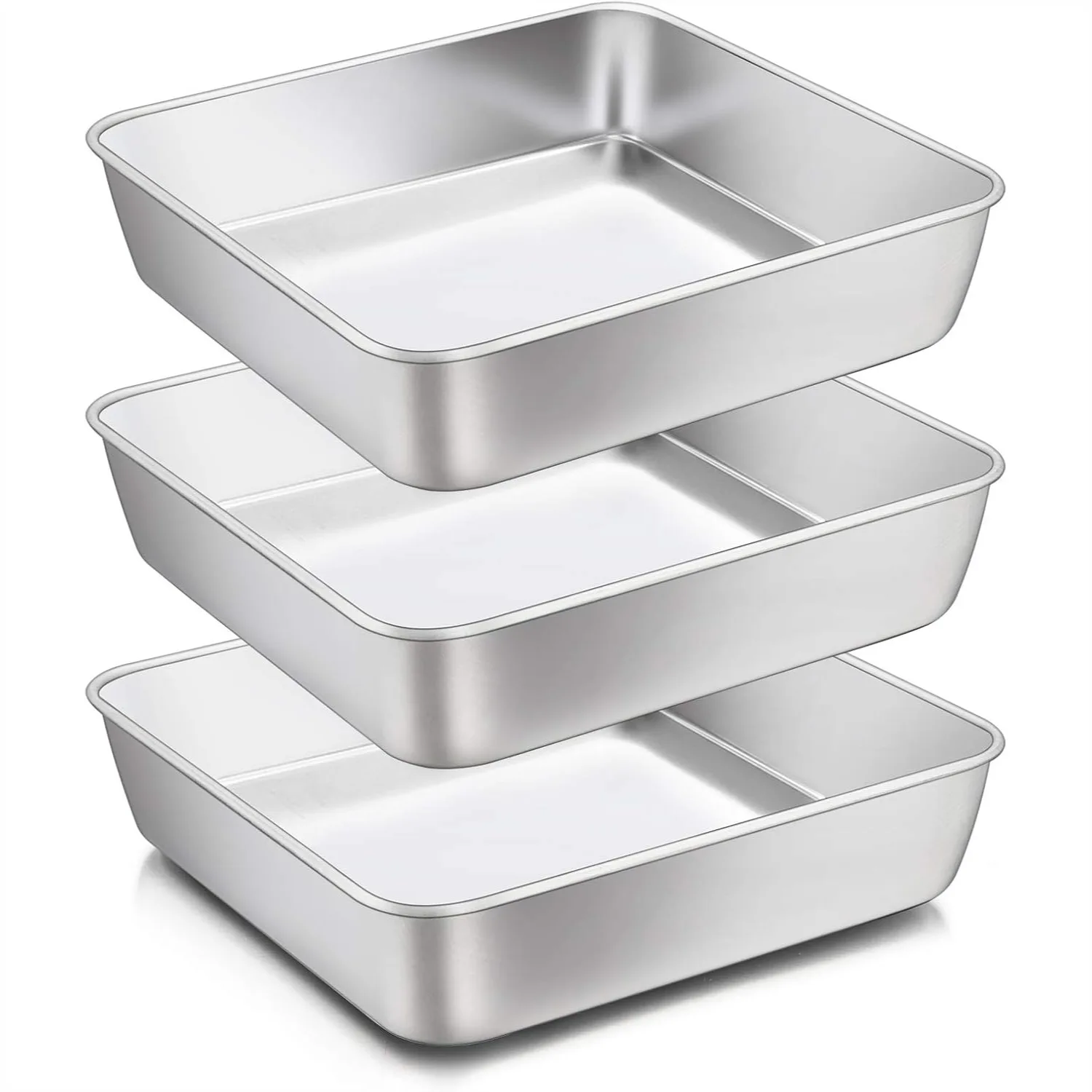 

8 x 8-Inch Baking Pan, Square Cake Brownie Pans Stainless Steel Set of 3, Fits Small Toaster Oven, Non-Toxic & Dishwasher Safe