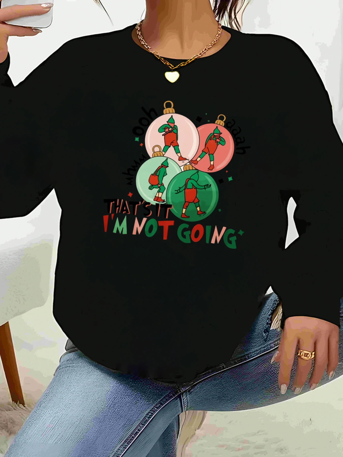 Adorno navideño con estampado de elfo, Top de manga larga, ropa informal de vacaciones para mujer