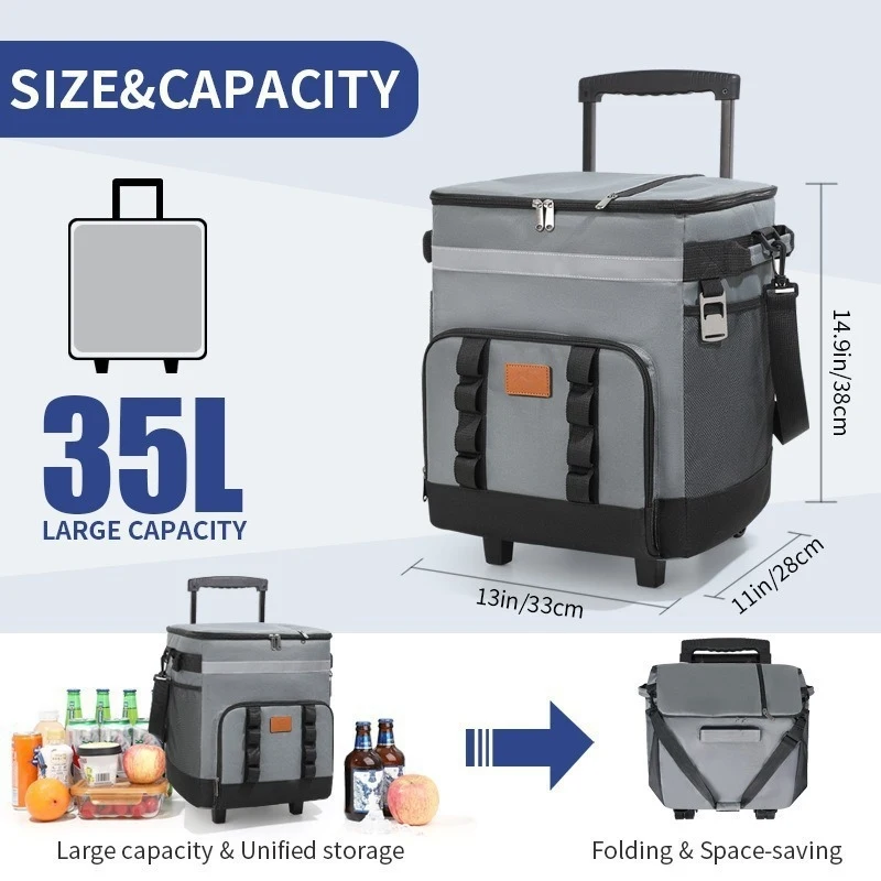 Trolley ice bag, convenient outdoor picnic bag, car-mounted cooler, large-capacity insulated bag with wheels, insulated box