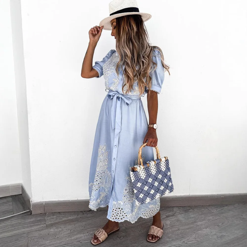 2025 Zomer Bladerdeeg Mouw Kant Feestjurk Sexy Hollow Out Patchwork Borduren Lange Jurk Elegante Vrouwen Tie-Up Gordel shirt Jurk