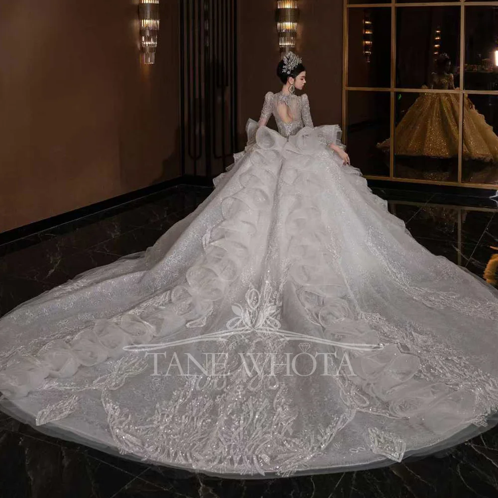 Luxury V-Neck Wedding Dress Long Sleeves Lace Up Keyhole Back Embroidered Sequined Beading Customizable Encaje Vestido De Novia