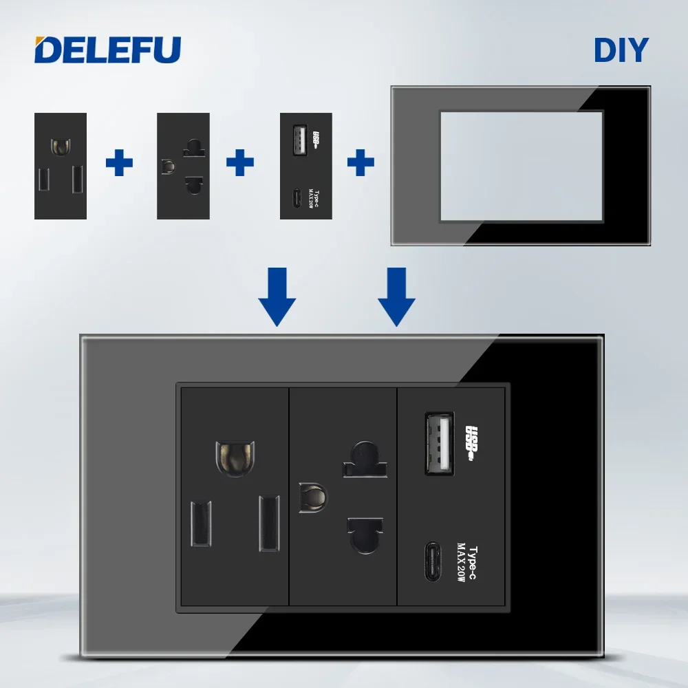 DELEFU American, Thai Style Free Combination USB Type C Wall Socket DIY Black