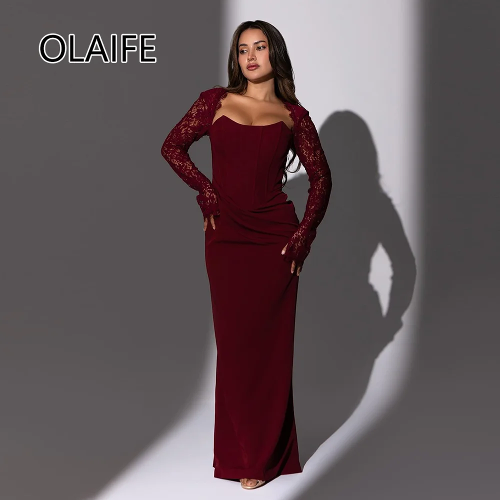 우아한 연인 칼라 새틴 칼집 레이스 여성을위한 정장 이브닝 드레스 긴 소매와 Backelss 댄스 파티 사우디 가운 사용자 정의