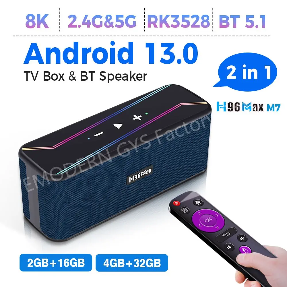 

H96 MAX M7 Smart TV Box Android 13 2GB 16GB/4GB 32GB WIFI BT5.1 Quad Core with BT Speaker Set Top Box Media Player TV Box