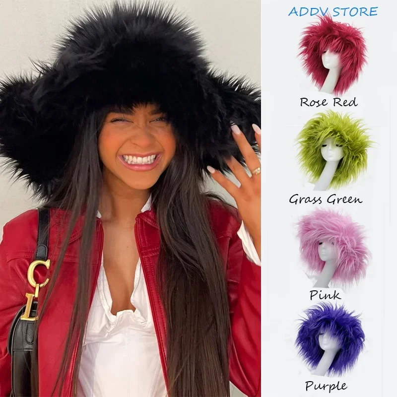 

Y2k Faux Fur Plush Plush Padded Bucket Hat Imitation Beach Sheep Hat Street Style Hot Chick Faux Fur Hat