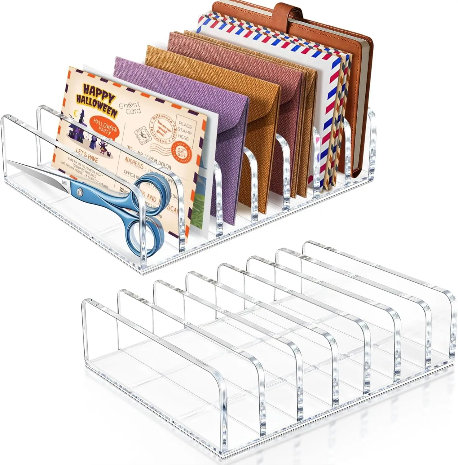 

7-Slot Acrylic Mail Organizer & Cash Tray for Desk - Clear Desktop Bill Divider Holder, Envelope Holder