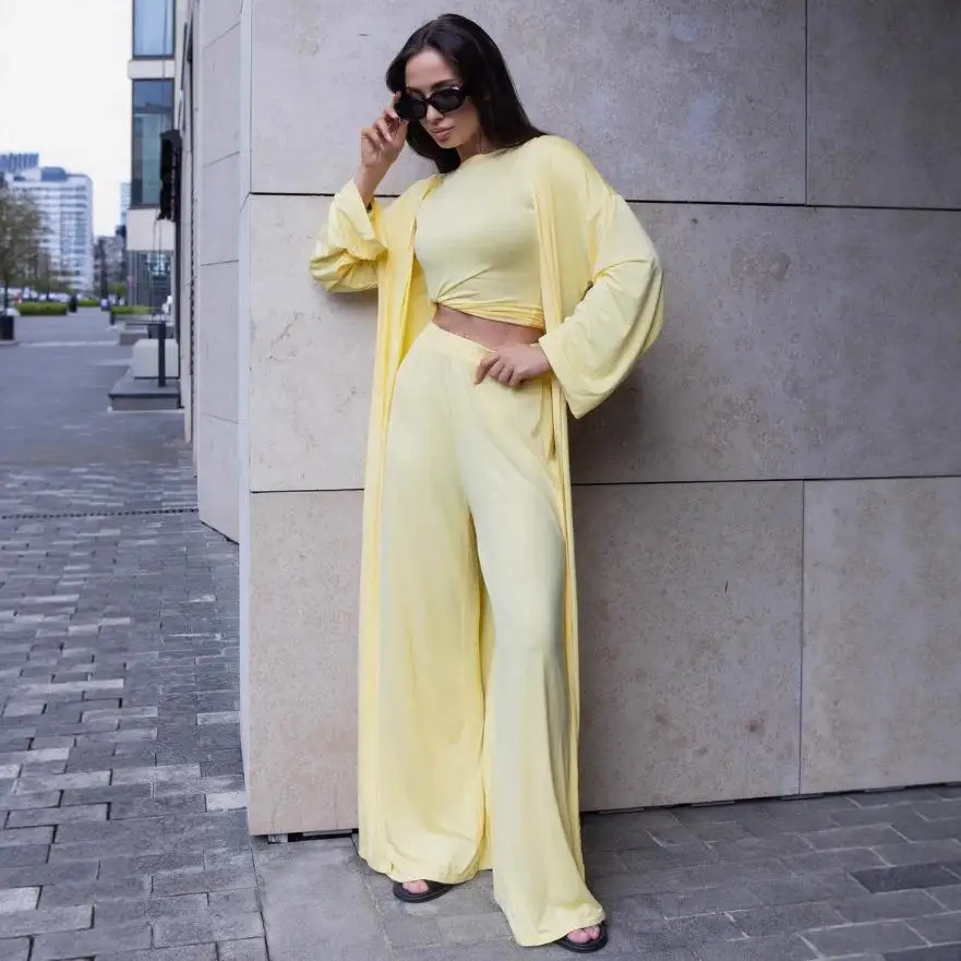 

Autumn New Pure Color Knitted Home Clothes Two-Way Long Sve Top Long Pants Robe Tee-Piece Set Women's Faion Casual Wear