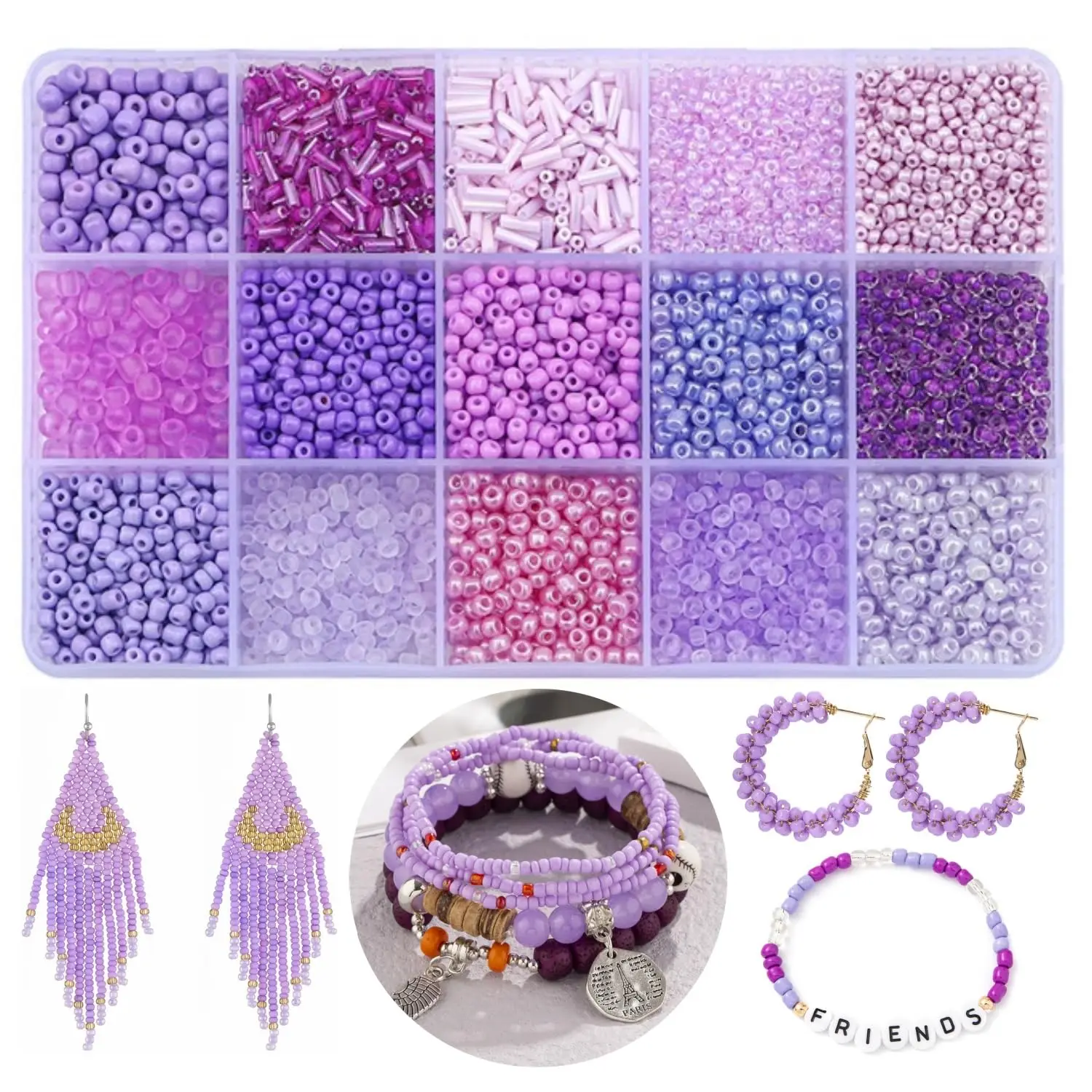 3700 peças de Miçangas de Vidro Pequenas Sortidas de 15 Cores, Miçangas Bugle de 3mm, Kit de Pulseira da Amizade, Miçangas Tubulares Pequenas de 2mm para Fazer Joias