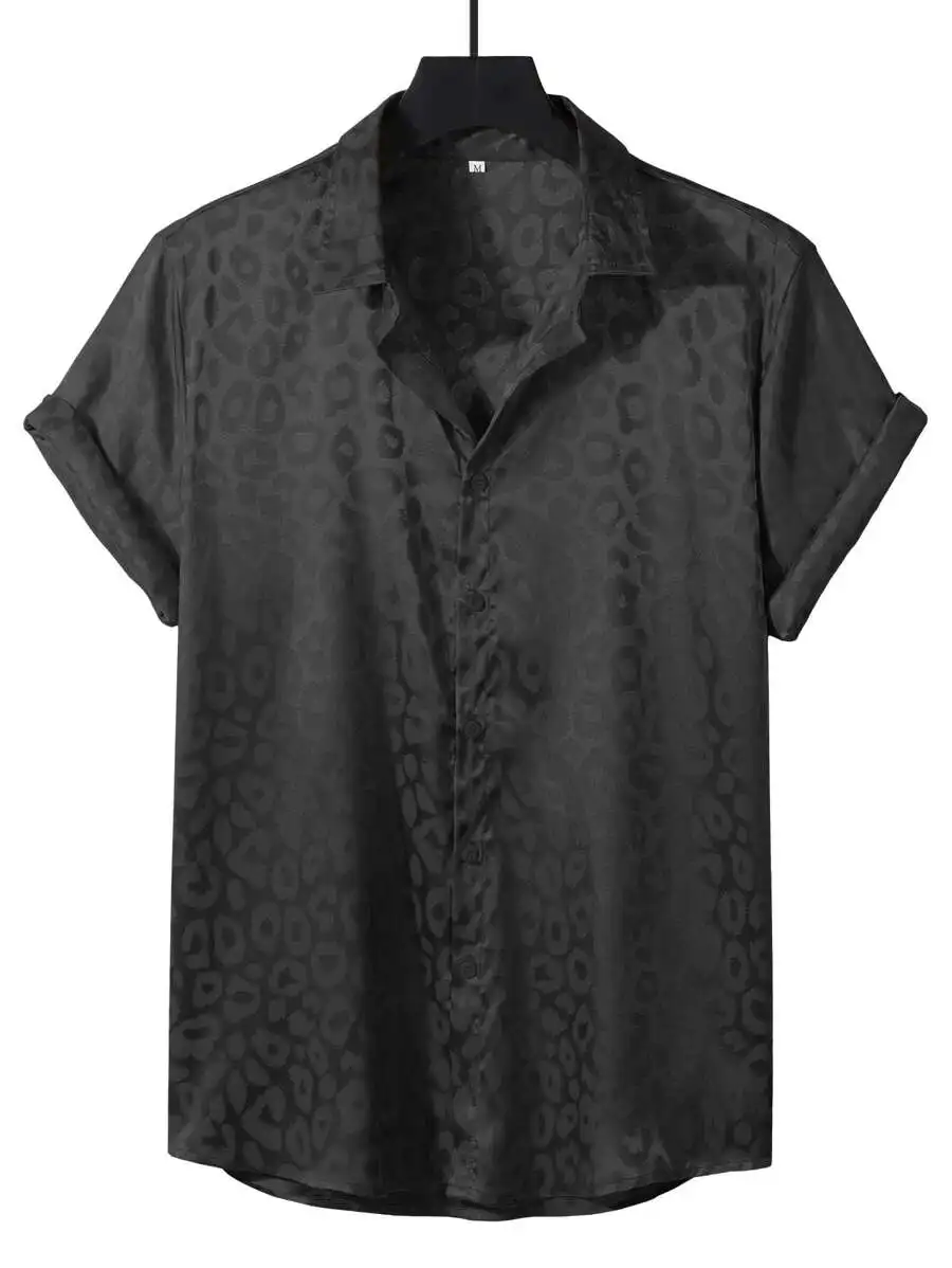 

Men's Black Leopard Print Jacquard Short Sleeve Shirt
